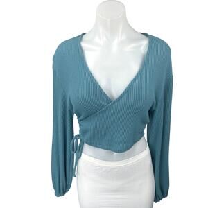 Urban Outfitters Blue Long Sleeve Ribbed Knit Wrap Cropped Sweater Top Size M